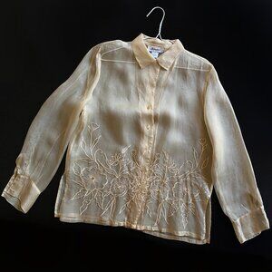Appraisal Vintage Silk Blouse Tan Size 12 Sheer Floral Embroidered Long Sleeves